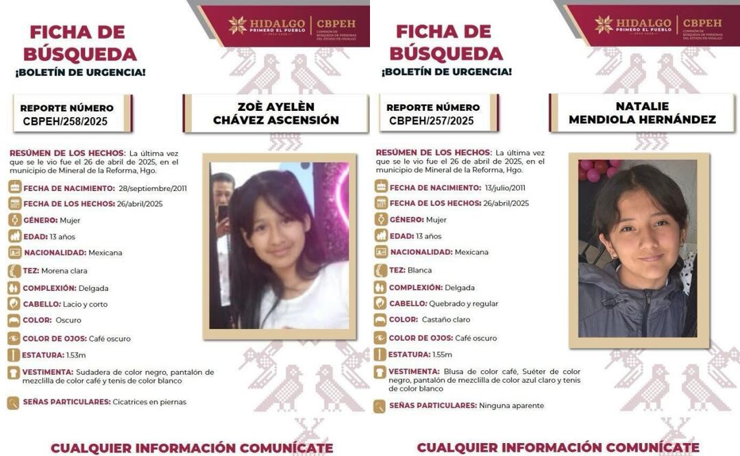 Natalie Mendiola y Zoé Eyelén Chávez, son dos menores desaparecidas en Mineral de la Reforma, Hidalgo (29/04/2025). Foto: Especial
