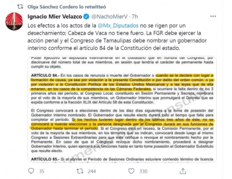 Olga Sánchez y vocero de AMLO impulsan mensaje: "Cabeza de Vaca no tiene fuero"