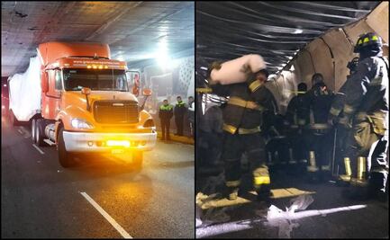 Tráiler queda atorado en bajo puente de Viaducto Miguel Alemán a la altura de Patriotismo
