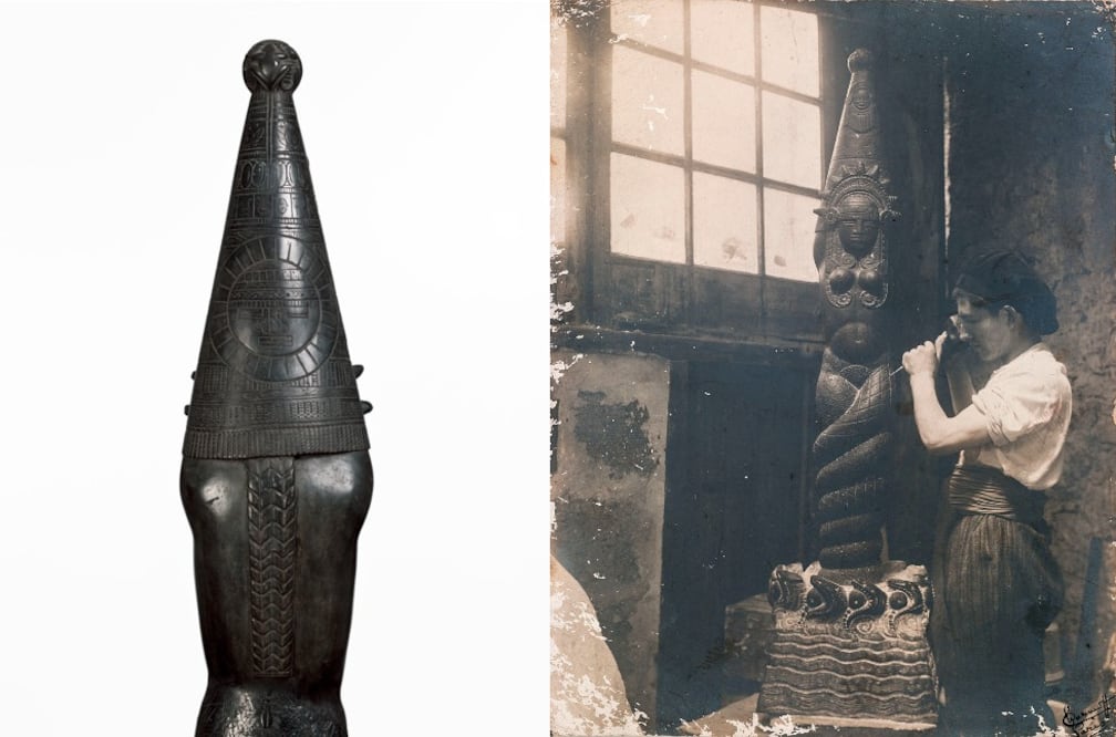 Rómulo Rozo en su estudio de París en 1925, capturado por Pierre Choumoff y detalle de la Bachué. Cortesía: Christian Padilla