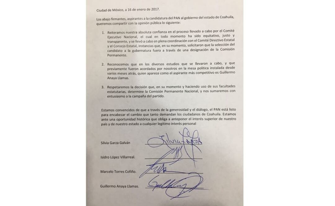 El acuerdo menciona que se respetará la decisión que determine la Comisión Permanente Nacional, por lo que ya se considera a Guillermo Anaya el virtual candidato. FOTO: Francisco Rodríguez