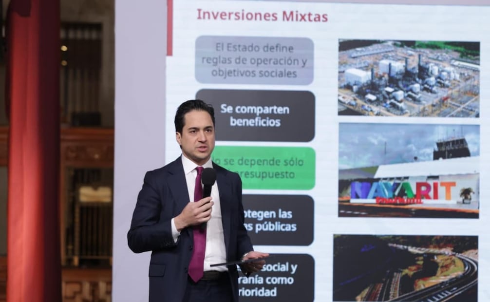 Jorge Mendoza Sánchez, director general del Banco Nacional de Obras y Servicios Públicos (Banobras), en la conferencia matutina en Palacio Nacional el 3 de febrero de 2026. Foto: Carlos Mejía / EL UNIVERSAL