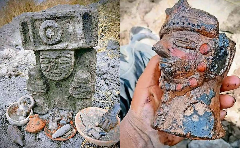 Figurillas, braseros, conchas, objetos de obsidiana y hasta restos humanos, que podrían corresponder al periodo Clásico, han sido extraídos de forma ilegal en los alrededores de Chalco. Foto: FACEBOOK DE SEÑOR BLUE
