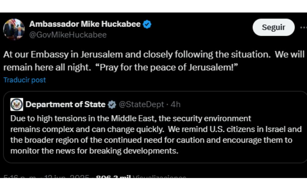 Embajador Huckabee se pronuncia a través de redes sociales. (12/06/25) Foto: Captura de pantalla