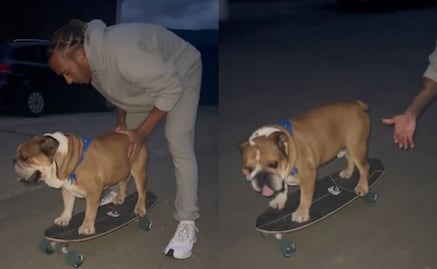 Lewis Hamilton enseña a su perro a andar en patineta