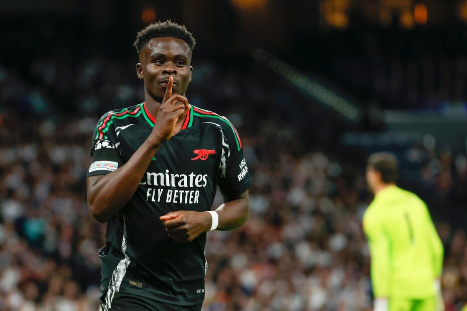 Bukayo Saka en festejo de gol, tras anotarle al Real Madrid en la Champions League- Foto: EFE