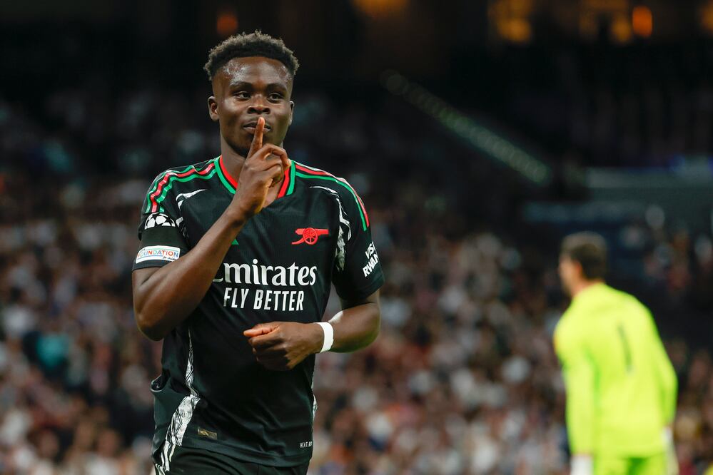 Bukayo Saka en festejo de gol, tras anotarle al Real Madrid en la Champions League- Foto: EFE