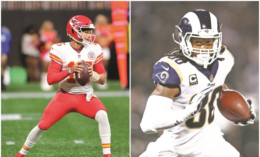 Patrick Mahomes lidera a la sexta mejorpfenisva hasta ahora; por los Rams, Todd Gurley corrió hasta ahora para tres touchdowns. (FOTOS: AFP)