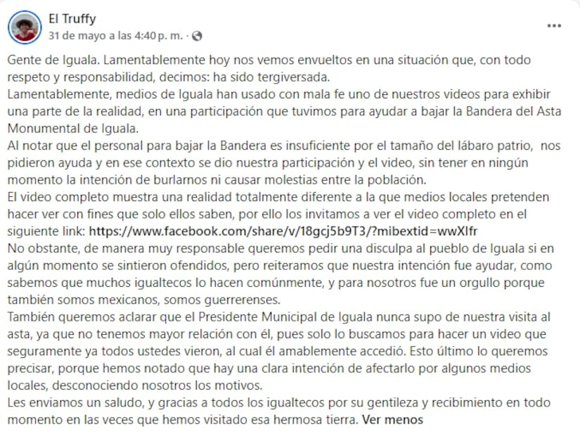 "El Truffy" ofrece disculpas tras manipular Bandera Monumental. Foto: Captura de pantalla