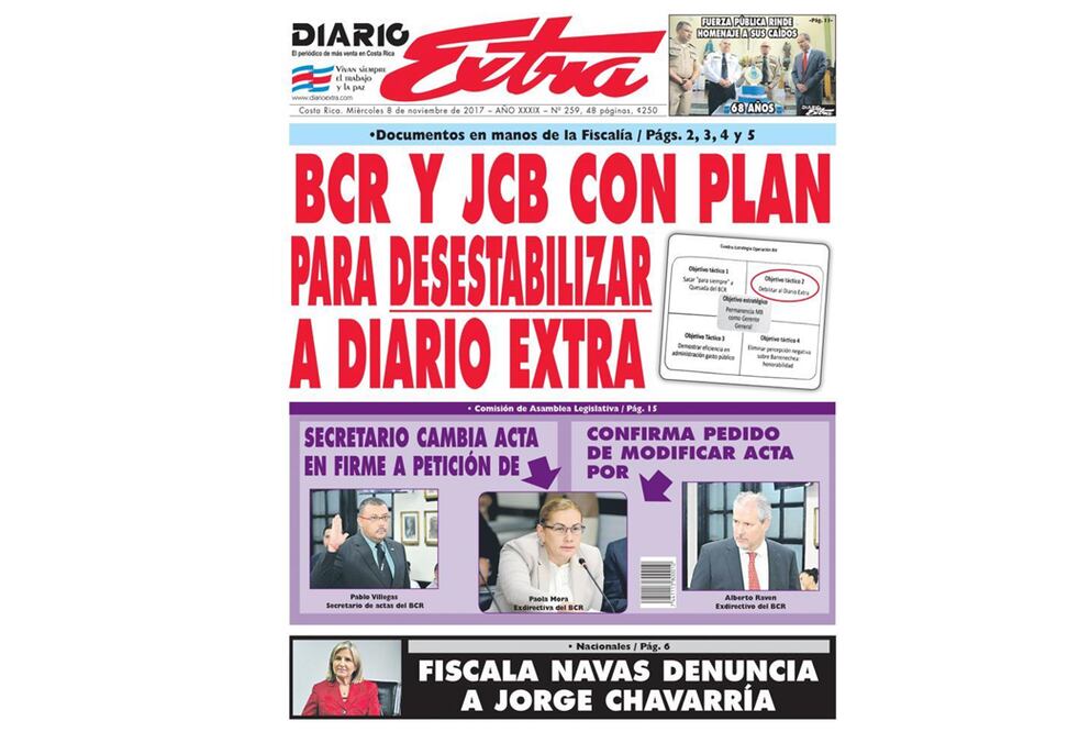 En su primera plana de hoy, dedicada casi totalmente a informar sobre uno de los más graves escándalos de este siglo en Costa Rica, Diario Extra, denunció el asedio en su contra de parte de un banco estatal y de un empresario nacional. (Reproducción)