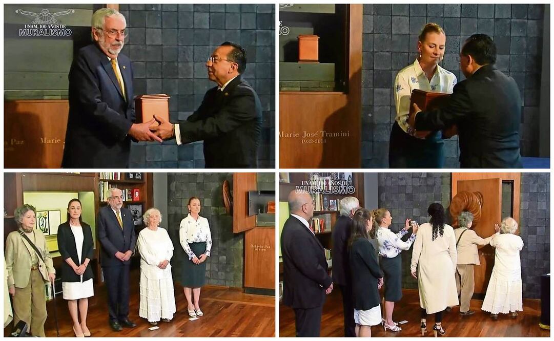 El presidente del Tribunal Superior de Justicia de la CDMX, Rafael Guerra Álvarez, entregó las urnas con las cenizas de Marie José Tramini y Octavio Paz a Enrique Graue, y Beatriz Gutiérrez Müller. Foto: TVUNAM.
