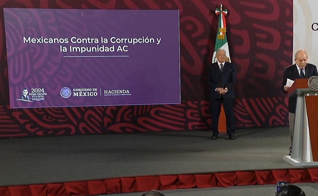 Pablo Gómez presenta informe sobre Mexicanos contra la Corrupción y la Impunidad en la mañanera de AMLO. Foto: Captura