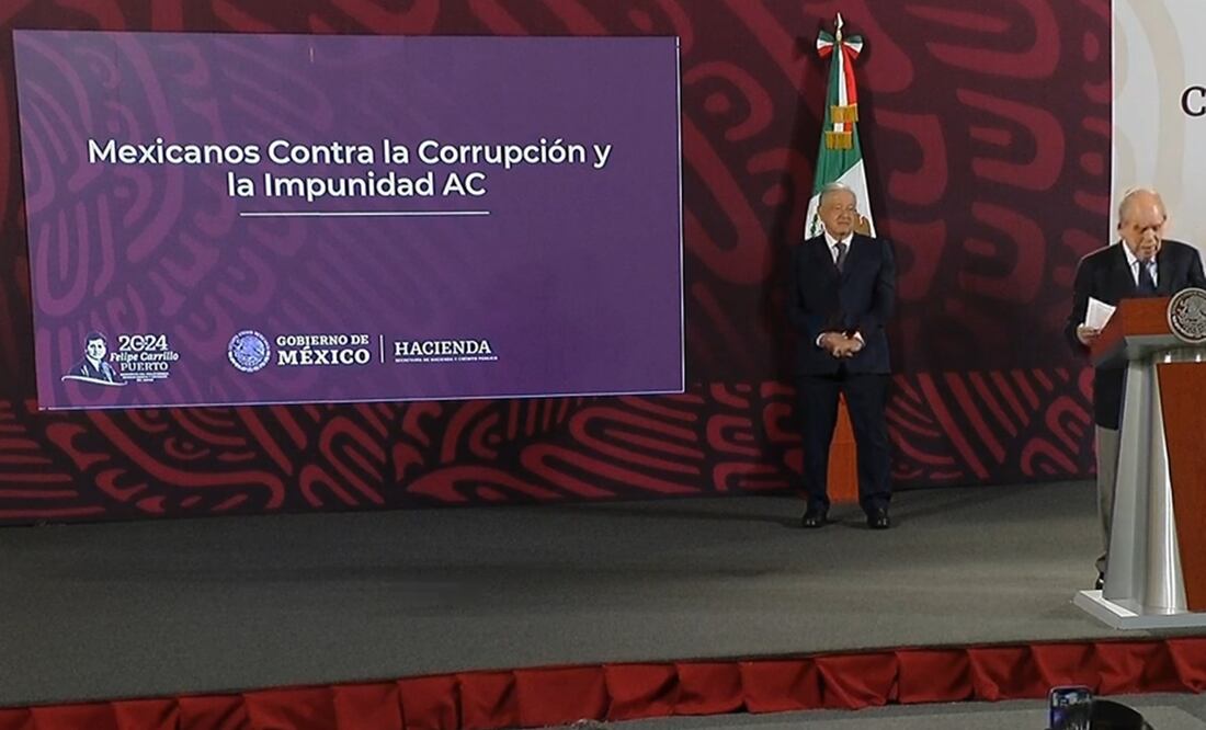 Pablo Gómez presenta informe sobre Mexicanos contra la Corrupción y la Impunidad en la mañanera de AMLO. Foto: Captura