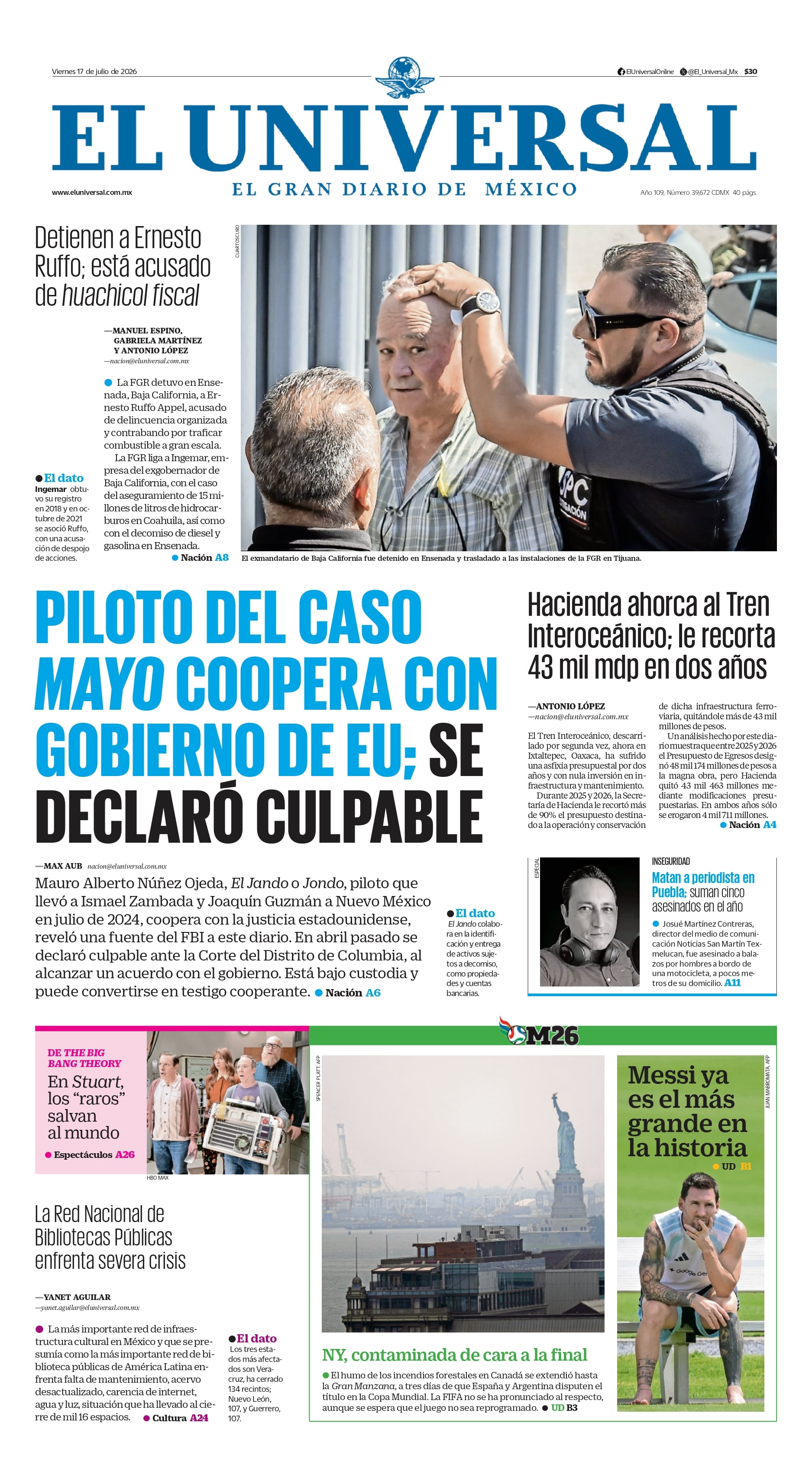 Portada impresa del 17 de julio de 2026