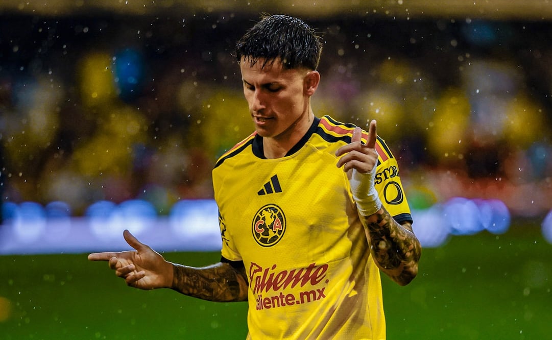Brian Rodríguez celebra un gol con las Águilas en el estadio Banorte. FOTO: @ClubAmerica