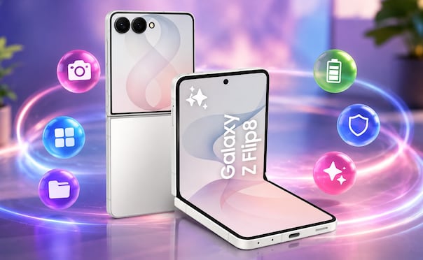 El Samsung Galaxy Z Flip8 destaca por su formato plegable tipo concha, que permite llevar un smartphone de gran pantalla ocupando mucho menos espacio cuando está cerrado. Foto: IA