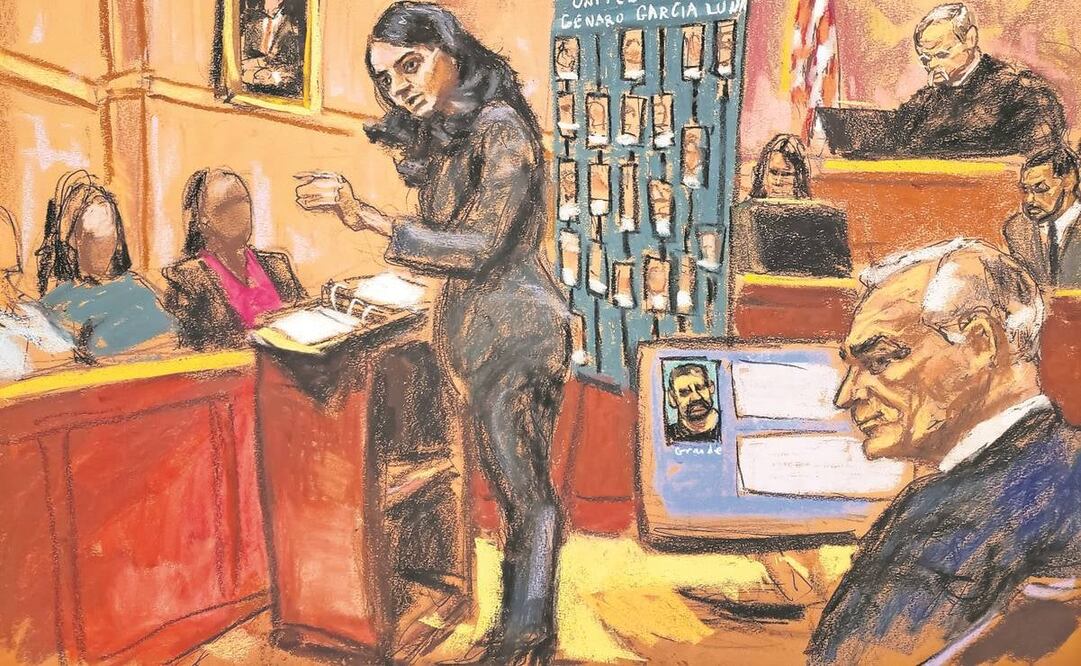 Un boceto recrea la audiencia de ayer en la Corte de Nueva York donde se juzga a Genaro García Luna, exsecretario de Seguridad Pública en México. Jane Rosenberg./EFE