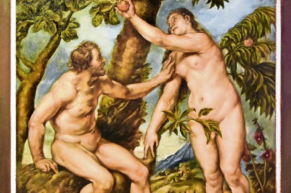 La pintura de Francisco Paz reproduce el Adán y Eva de Pedro Rubens, pero en su obra le da a cada uno de los personajes un sexo diferente al que antes tenían (FOTOS CORTESÍA MUSEO DEL CHOPO)