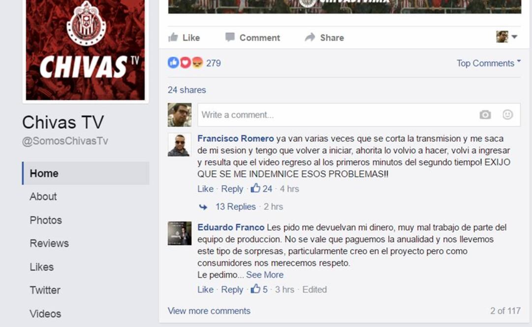 Comentarios en la cuenta de facebook de Chivas TV