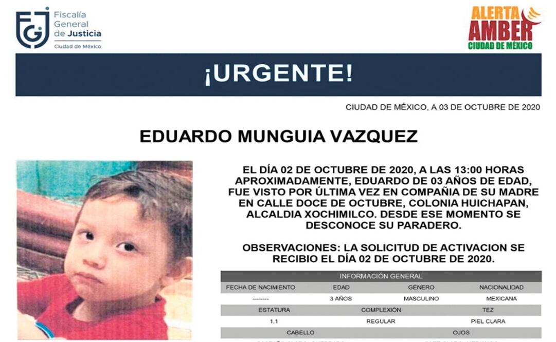 El 2 de octubre la Fiscalía de la Ciudad de México emitió una Alerta Amber para localizar a Eduardo Munguía Vázquez. ESPECIAL
