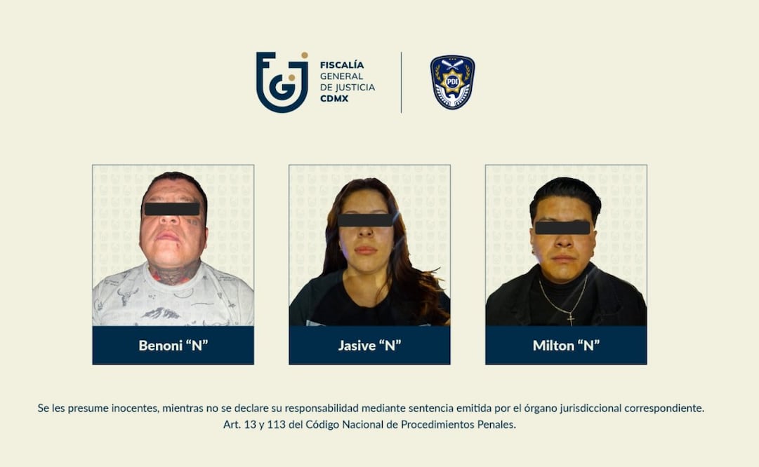 Benoni "N", Jasive "N" y Milton "N" fueron vinculados a proceso, tras haber sido detenidos el pasado 23 de enero en la colonia San Pedro El Chico, en la alcaldía Gustavo A. Madero (31/01/26). Foto: Fiscalía CDMX