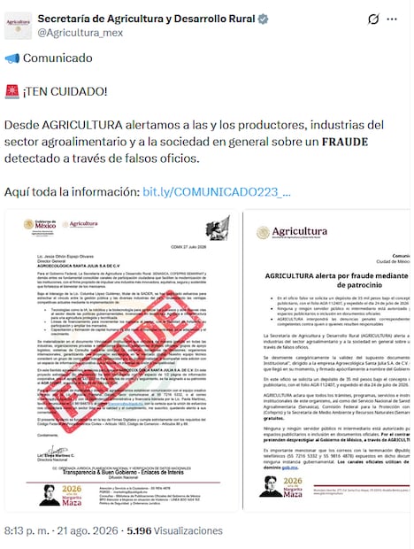 Agricultura alerta por fraude a productores por medio de oficios falsos (22/08/2026). Foto: Especial