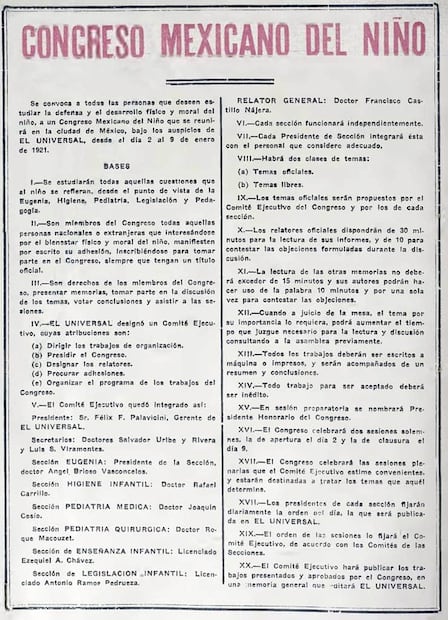 Bases del Primer Congreso Mexicano del Niño, agosto 1920. Según se leyó en este diario, los infantes estaban bajo influencia de “toda clase de fuerzas físicas y morales, perfeccionando o deformando espíritu y cuerpo”. Foto: Hemeroteca EL UNIVERSAL