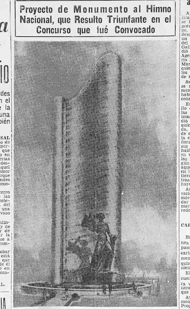 Propuesta de Mario Pani para el Monumento al Himno Nacional, 1943. Según recuperó este diario, el sitio elegido para construirlo fue donde “se batieron los patriotas en el 47 [1847] a las órdenes de Leonardo Márquez, derrotando al invasor [Estados Unidos]”, durante la Batalla de Chapultepec. Foto: Hemeroteca EL UNIVERSAL.