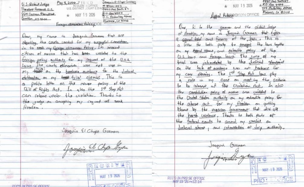 En la carta de la izquierda, "El Chapo" asegura que es un "ciudadano inocente", mientras que en la carta de la derecha pide ejercer su derecho de un juicio justo. (19/05/26) Foto: @keegan_hamilton