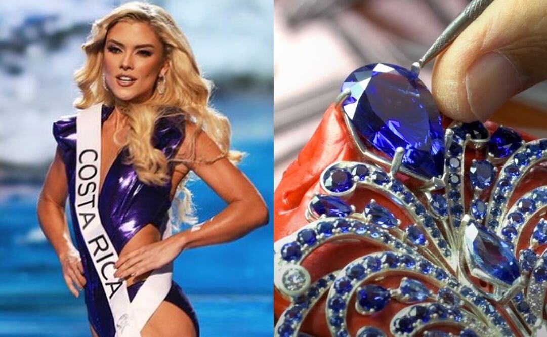 En la imagen se observa a Lisbeth Valverde, participante de Miss Universo 2023 y una imagen ilustrativa de la corona que se entregó en el certamen 2022. Fotos: Miss Universe/Mouawad.