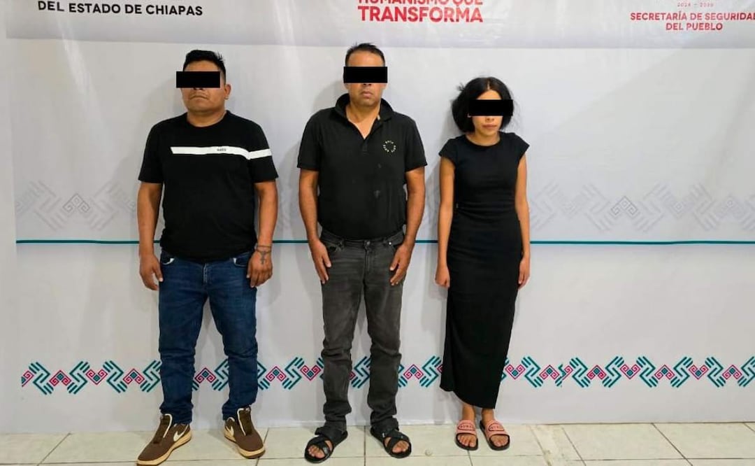 Las 3 personas detenidas, dos hombres y una mujer, son acusados del asesinato del médico César Alberto Moisés Galán en Chiapas y originarios de Baja California y Jalisco (11/02/2025). Foto: Especial