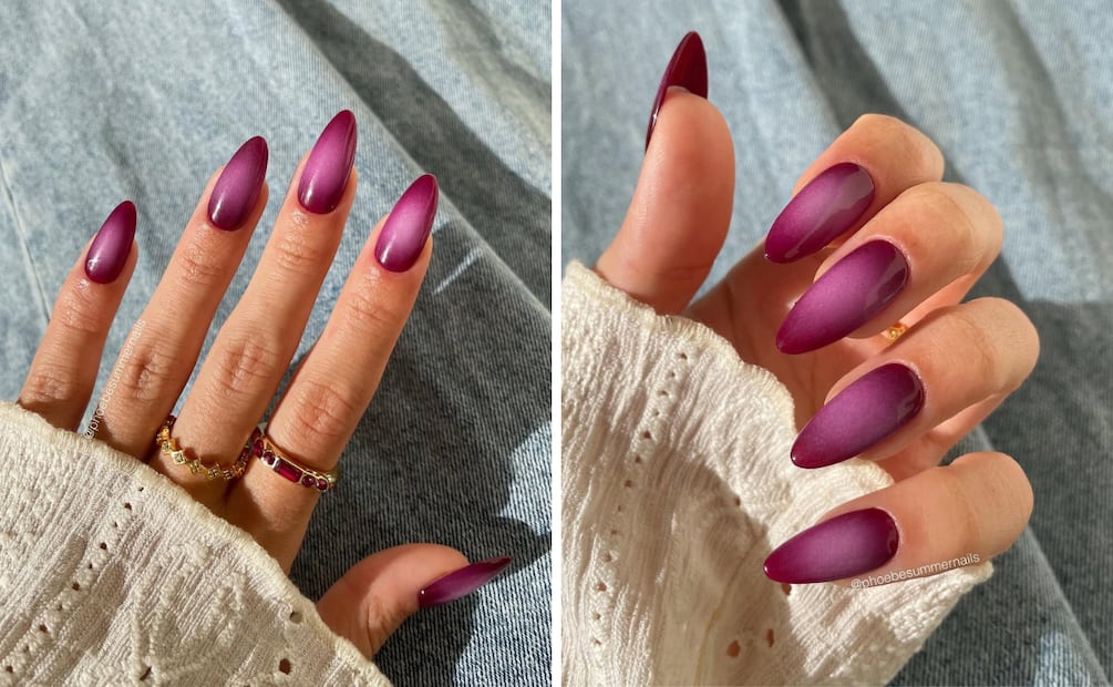 Uñas con efecto aura en tonos rosa y magenta. Foto: Instagram @phoebesummernails