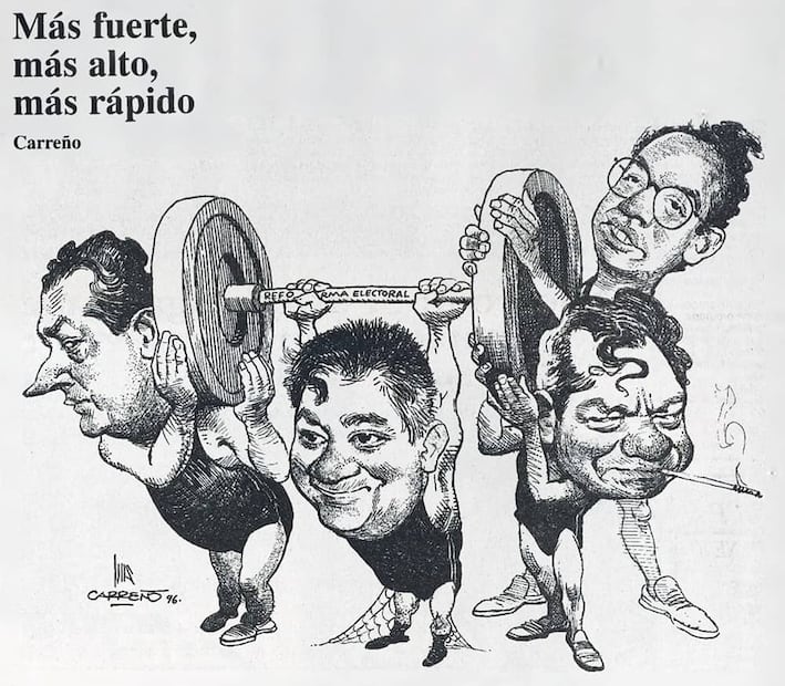 Cartón de Luis Carreño, julio 1996, con los entonces líderes partidistas: Santiago Oñate, Alberto Anaya, Porfirio Muñoz Ledo y Felipe Calderón, figuras principales en la discusión por la reforma electoral. Foto: Hemeroteca EL UNIVERSAL.