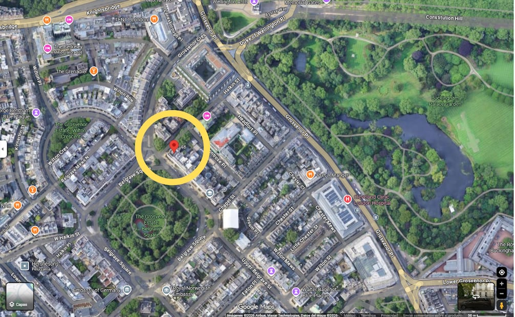 Imagen satelital de la ubicación de la residencia de la embajada de México en Londres. Foto: Google Maps