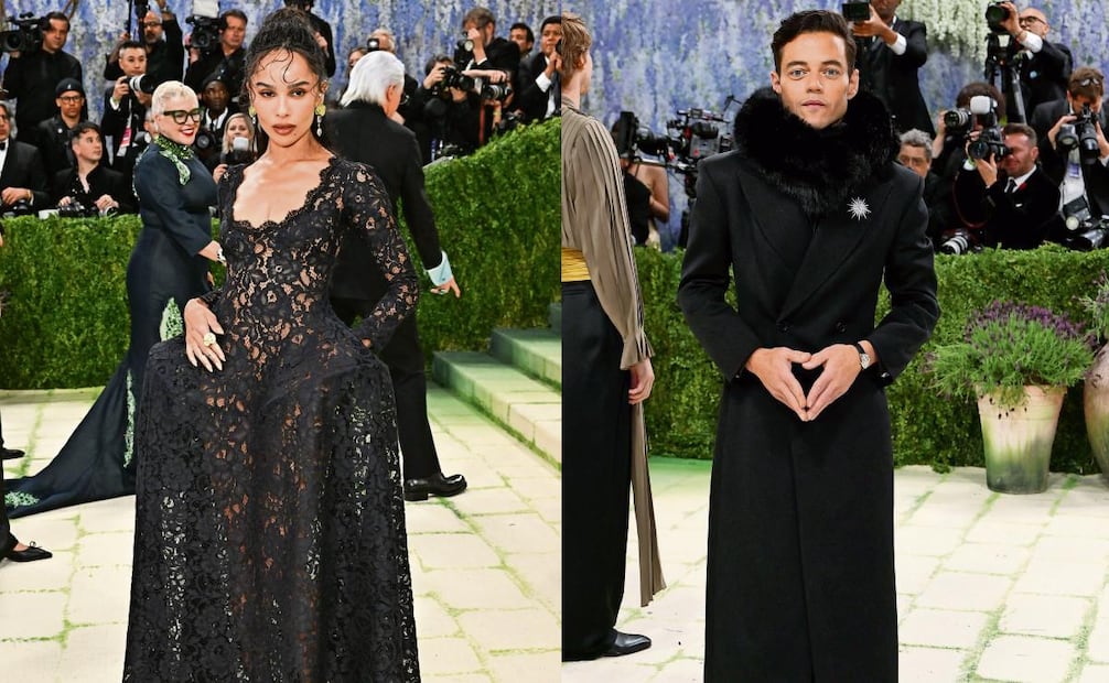 El encaje, minimalismo e influencias góticas de Zoë Kravitz/Rami Malek optó por un abrigo clásico, sobrio y elegante. Foto: Agencias
