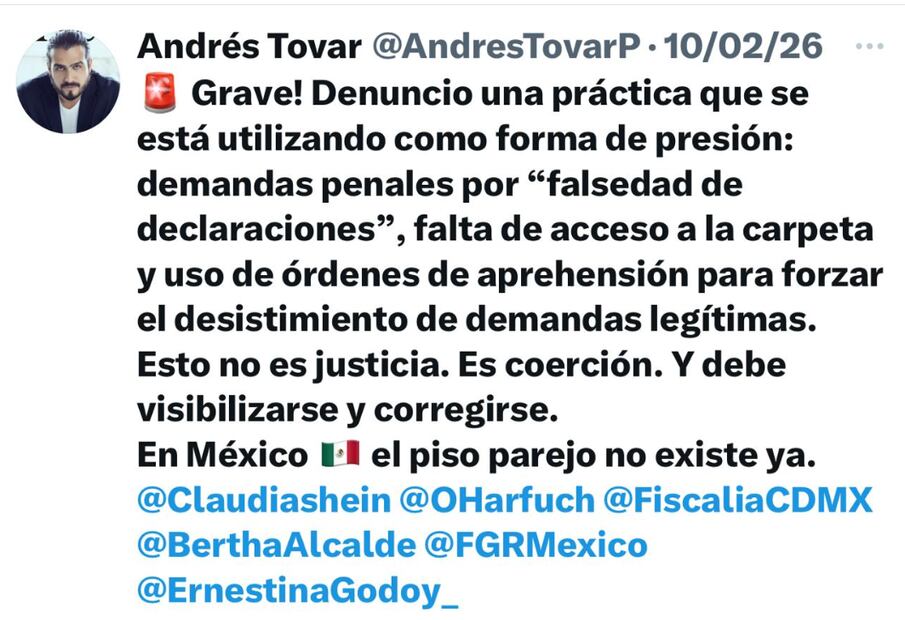 Mensaje de Andrés Tovar en febrero del 2026.