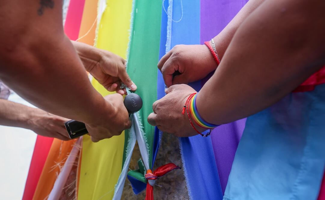 Personas de la comunidad LGTB se reúnen a las afueras del Infonavit para defender la bandera que el día de ayer fue rota en las instalaciones. Foto: Luis Camacho | El Universal