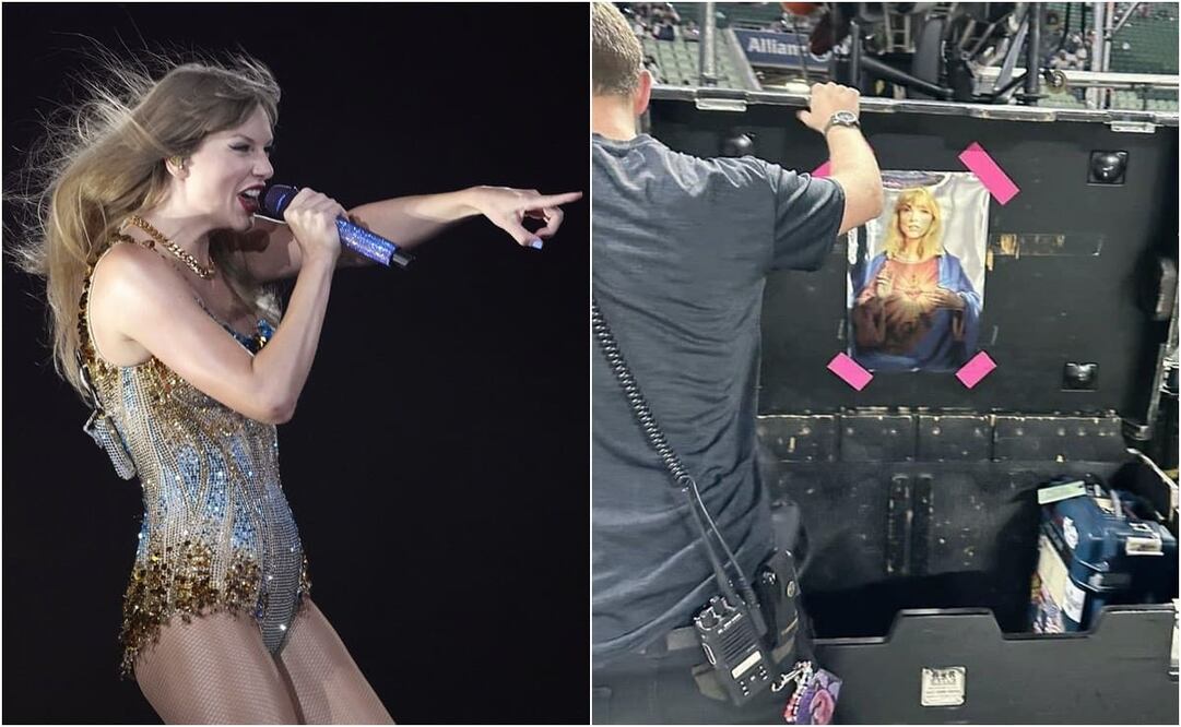 El staff de Taylor Swift pegó la figura con cinta roja en el baúl donde transportan sus herramientas de trabajo. Foto: AP y X