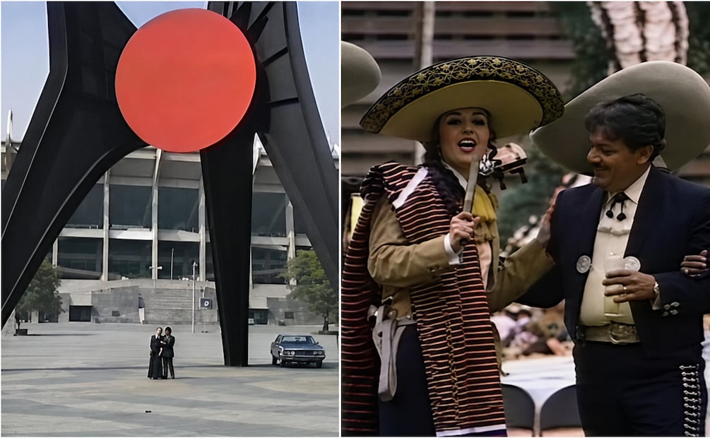 José Alfredo Jiménez y Lucha Villa afuera y dentro del Estadio Azteca para desearle suerte a la Selección Mexicana.