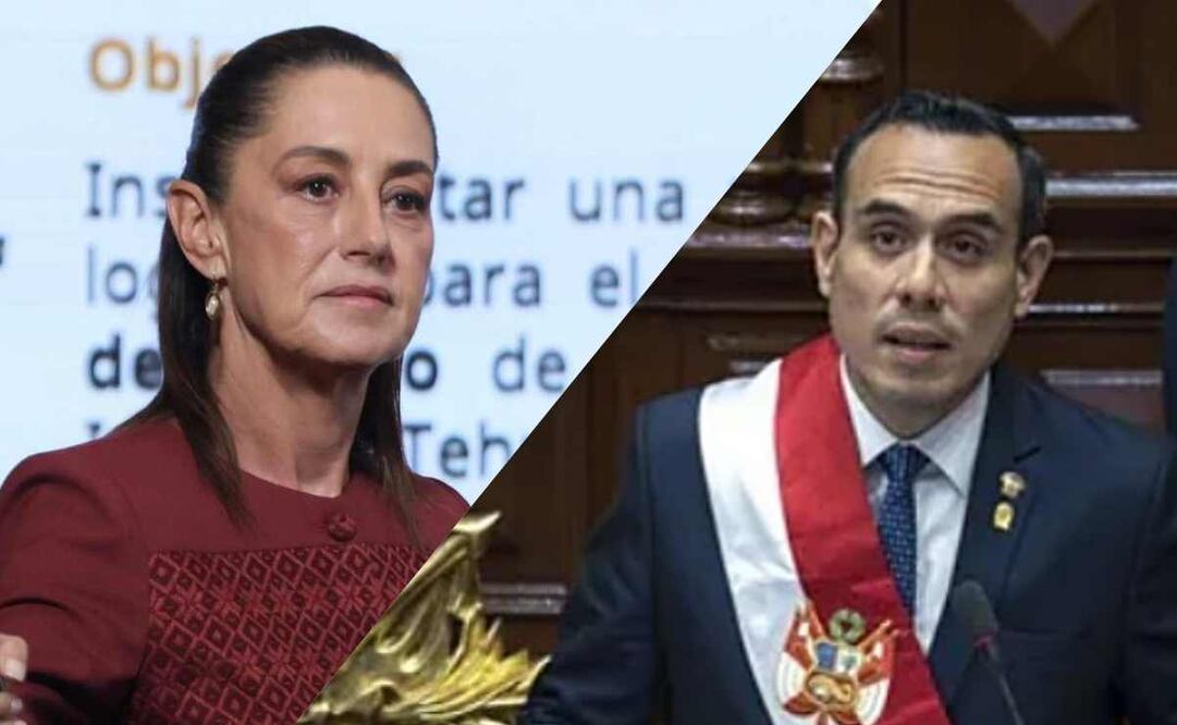 Claudia Sheinbaum, presidenta de México, durante la mañanera del 24 de noviembre del 2025 y el presidente de Perú, José Jerí Oré Fotos: Berenice Fregoso  / EL UNIVERSAL y EFE.