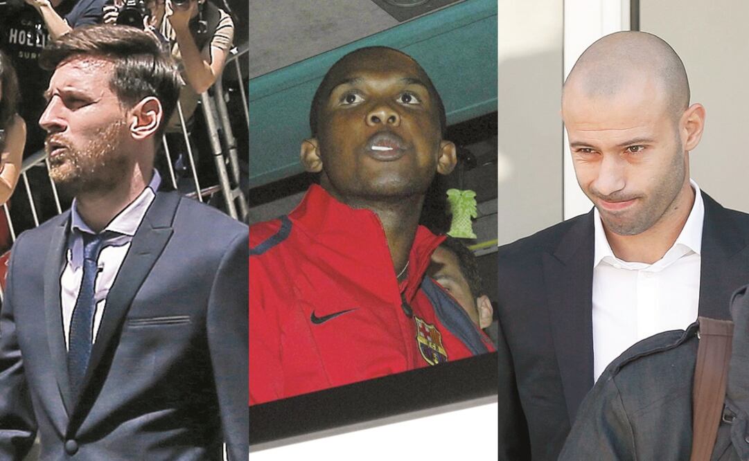 Lionel Messi. Pagó casi 5 millones de dólares para evitar una condena; Samuel Eto’o. Está pendiente un juicio por delitos fiscales; Javier Mascherano. Admitió deber casi 2 millones de dólares. (FOTOS: ARCHIVO. EL UNIVERSAL)