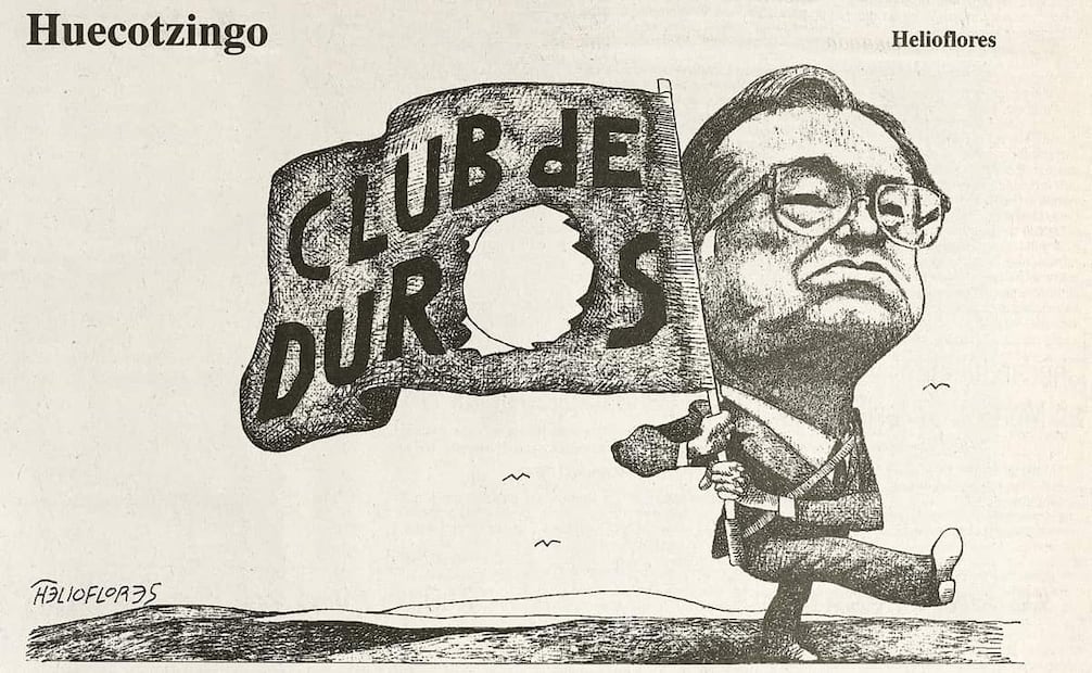 Cartón de Helioflores, 1996. El entonces gobernador de Puebla, Manuel Barlett, representó a la facción “dura” del PRI, que se negaba a soltar el poder; ellos buscaron impedir el voto en el extranjero, la salida del ejecutivo del IFE y del Tribunal Electoral, así como la elección del regente. Foto: Hemeroteca EL UNIVERSAL.