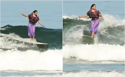 Surfista mexicana sorprende en TikTok al "domar" olas con vestido huipil: VIDEO