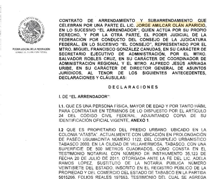 Contrato entre el PJF y Jorge Amílcar Olán Aparicio. Foto: Captura