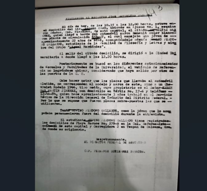 Informe de vigilancia de la DFS contenido en el expediente “Problema estudiantil” de 1968. Crédito: Cortesía Andrea Martínez