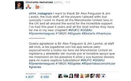 Chicharito thanks Manchester United fans for their support