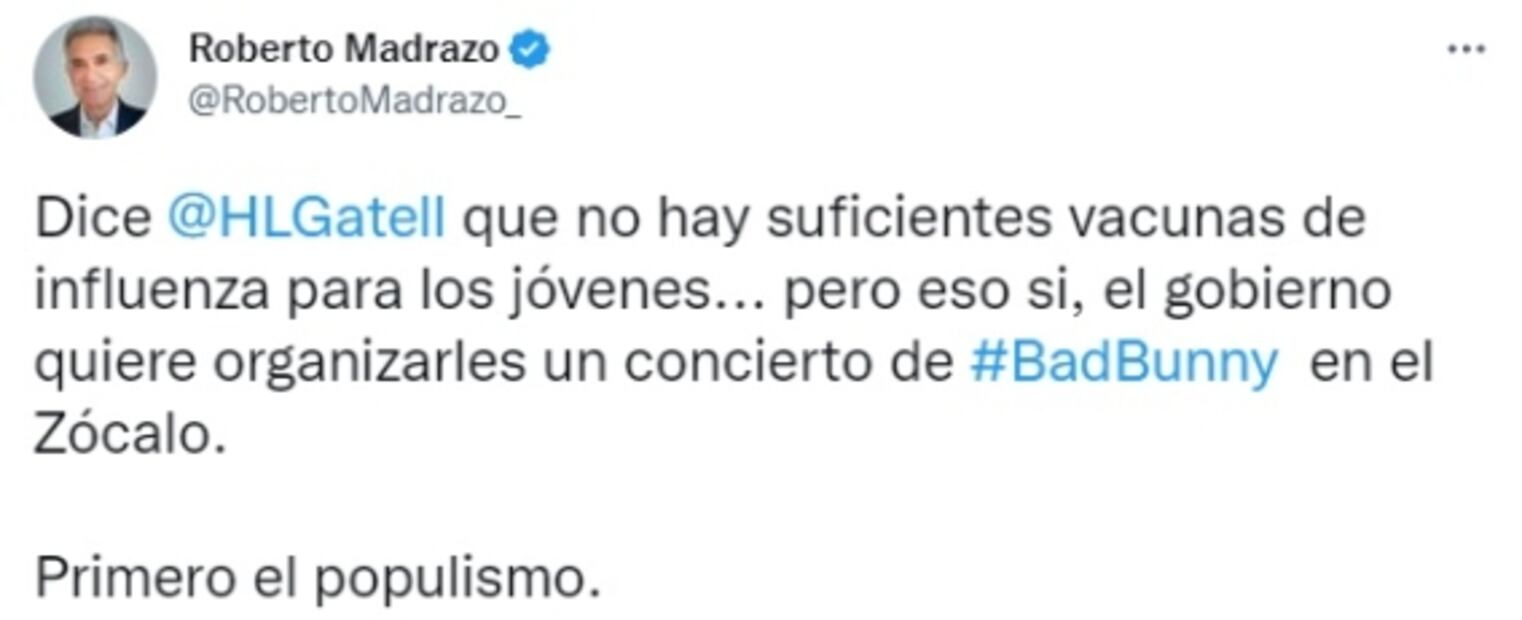 Roberto Madrazo: No hay suficientes vacunas, pero el gobierno quiere organizar concierto de Bad Bunny