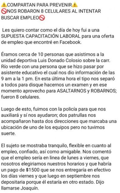 Falsa entrevista de trabajo: "reclutador" asalta a aspirantes y escapa con 8 celulares en SLP