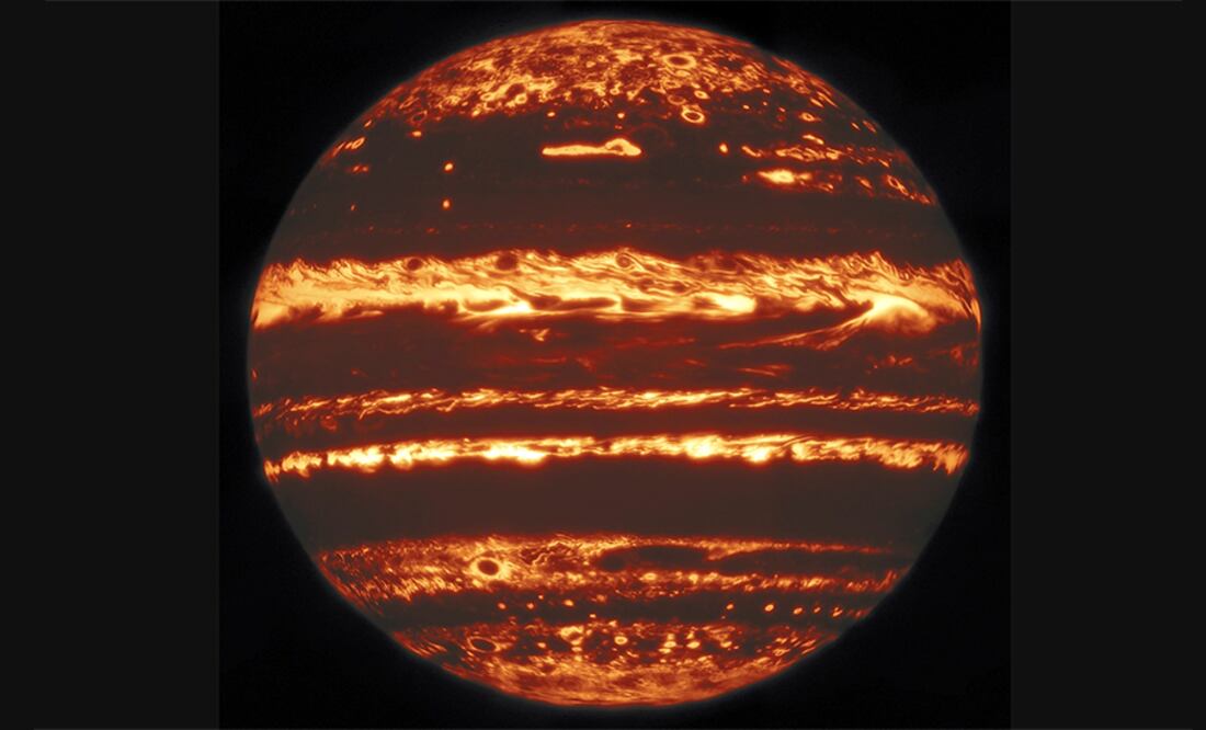 Se necesitaron cientos de exposiciones para construir este nítido mosaico de imágenes de Júpiter en infrarrojo. Foto: Gemini Observatory/M.H.Wong et al