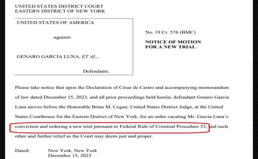 El abogado del exsecretario de Seguridad Pública de México, Genaro García Luna, solicitó al juez Brian Cogan un nuevo juicio para su cliente en EU. Foto: Captura de pantalla
